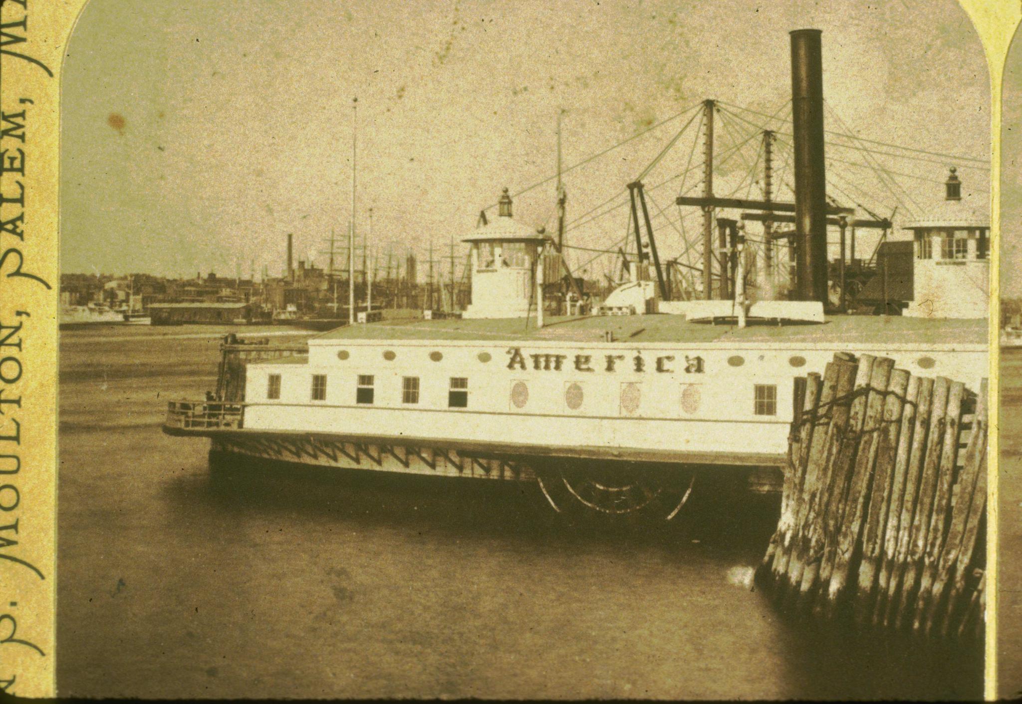 Historic photograph of a side-wheel steamer "America" with New York…