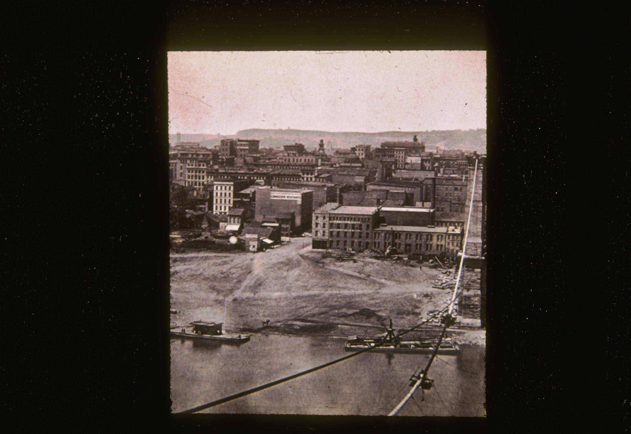 Historic photograph of the Cincinnati Bridge during construction.  Photograph…
