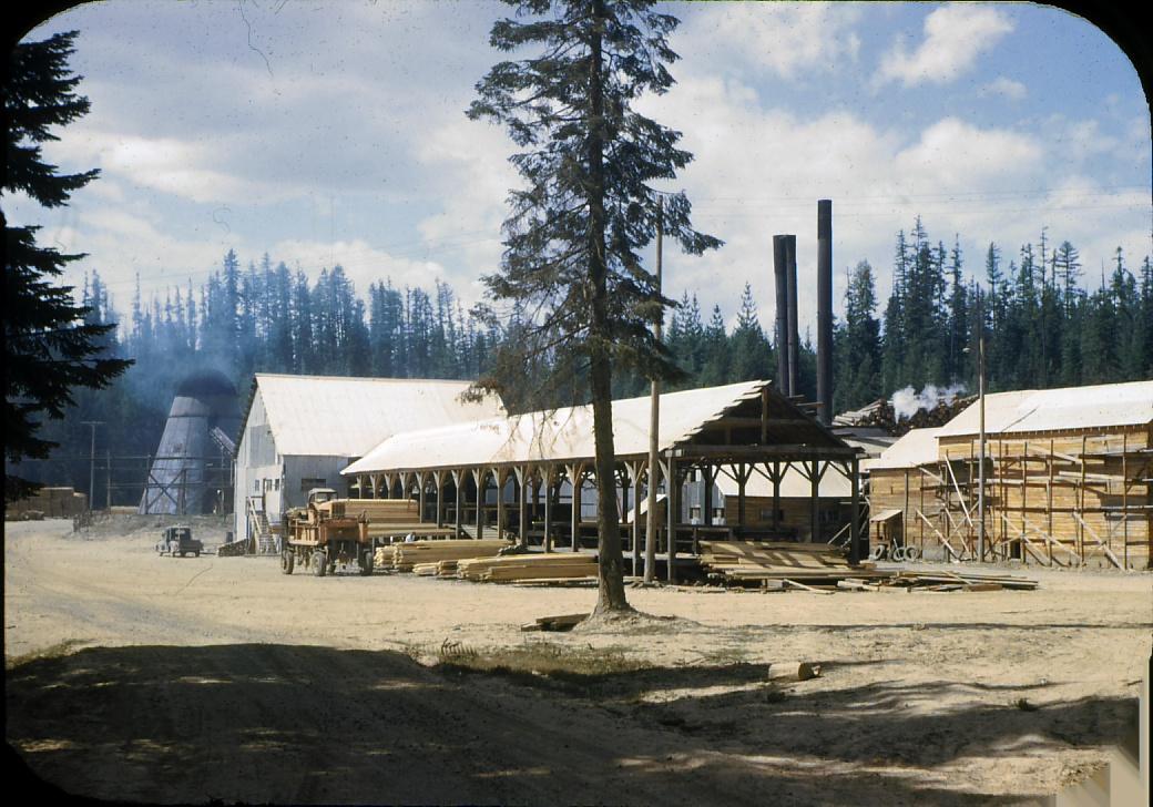 Lumber mill complex in Grangemont, Idaho.  Burner, stacks visible.